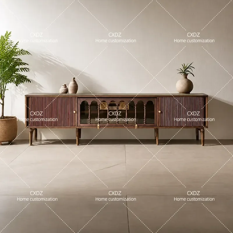 French Retro Solid Wood TV Cabinet and Coffee Table Combo Living Room Storage Unit for Small Apartments Vintage Style Media