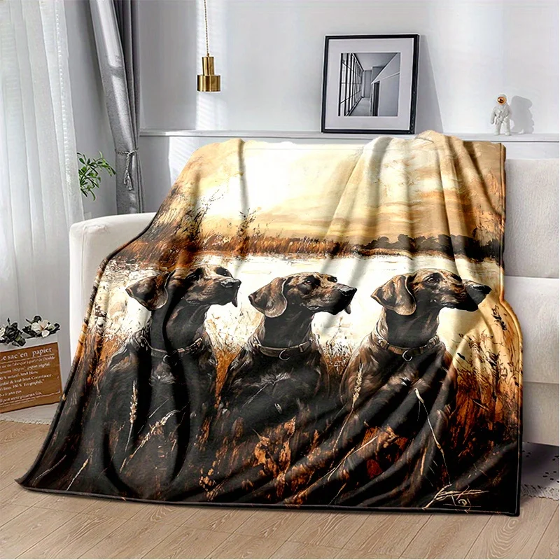 Oil painting style hunting dog theme Flannel printed blanket suitable for all seasons suitable for living office sofa and travel