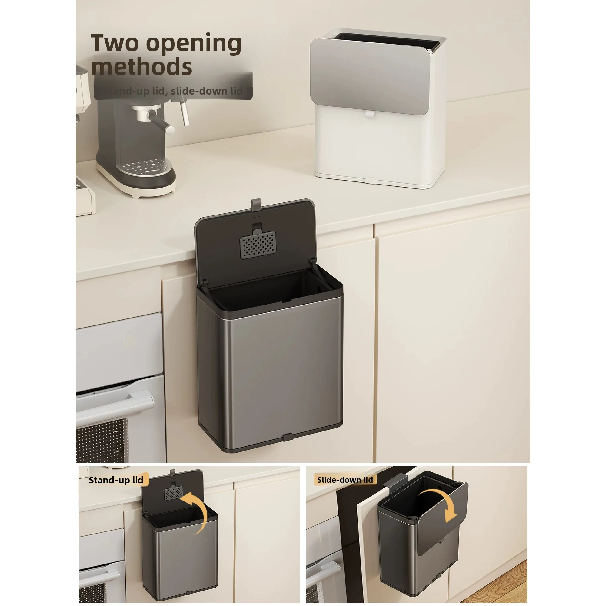 Stainless Steel Kitchen Trash Can Wall-Mounted High Aesthetic Value New 2026 with Lid Toilet No Need to Bend over Cabinet Doo...