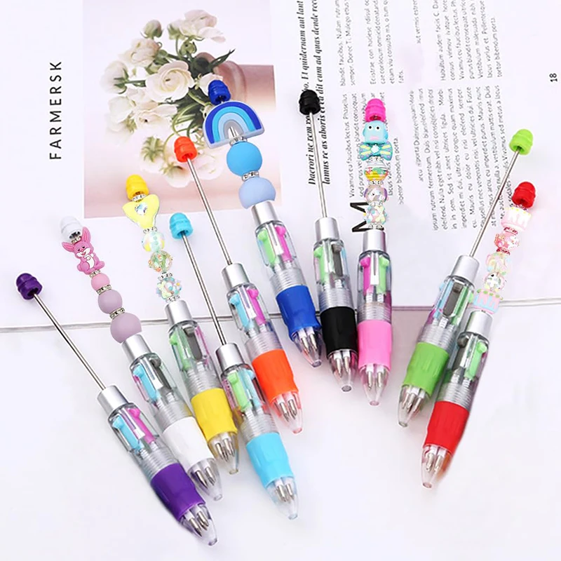 أقلام حبر جاف مطرزة بالخرز متعددة الألوان ، قابلة للخرزة بأربعة ألوان ، أدوات مكتبية للطلاب ، قلم هدايا بلاستيكي ،