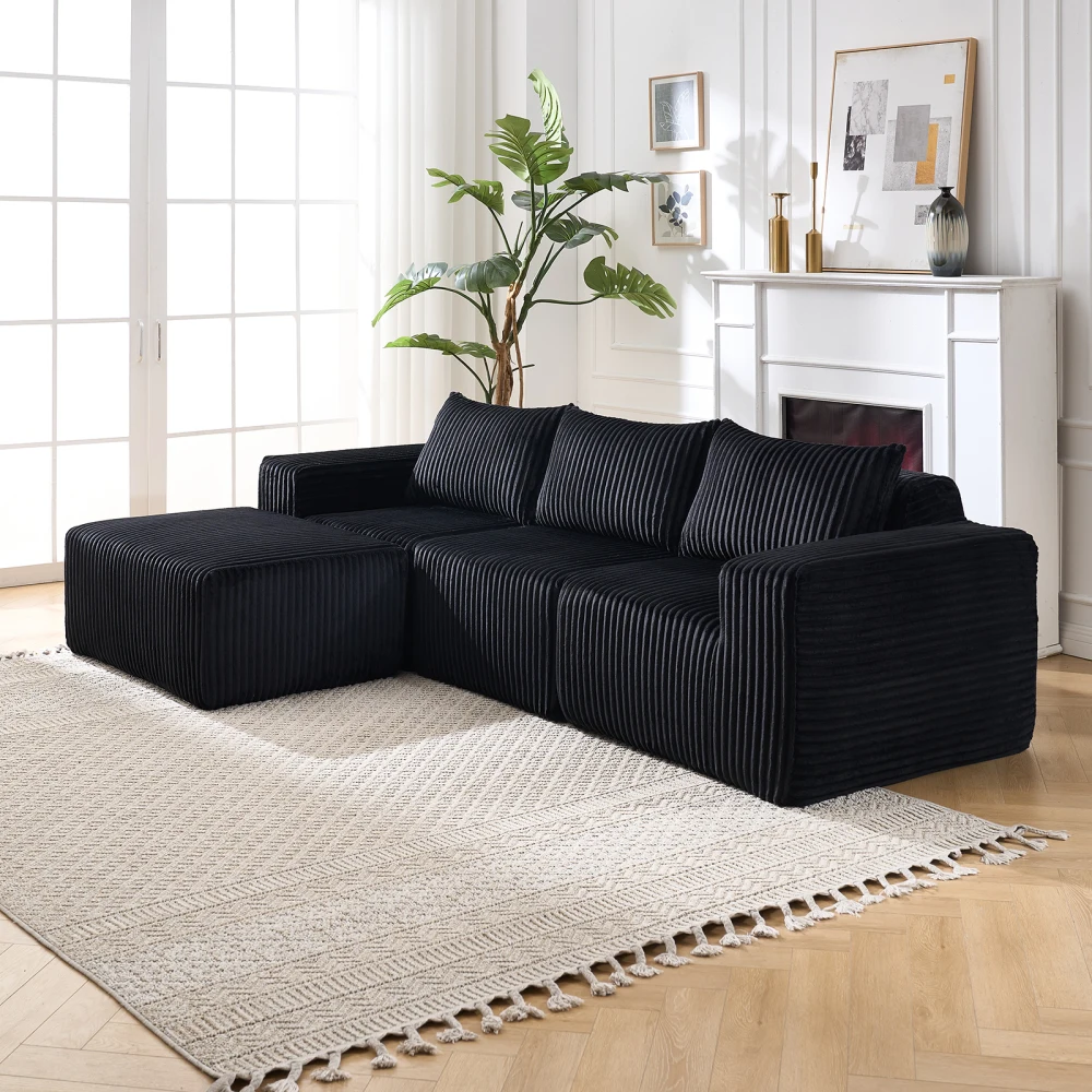 

Modern Minimalist Sectional Sofa: L-Shape Cloud Couch with Deep Seats Right Chaise - Black