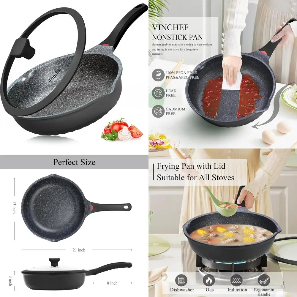 

Алюминиевая сковорода с антипригарным покрытием и крышкой, сковорода 12,5 дюйма, индикатор нагрева, устойчивая к царапинам и пятен, идеально подходит для сотерования a