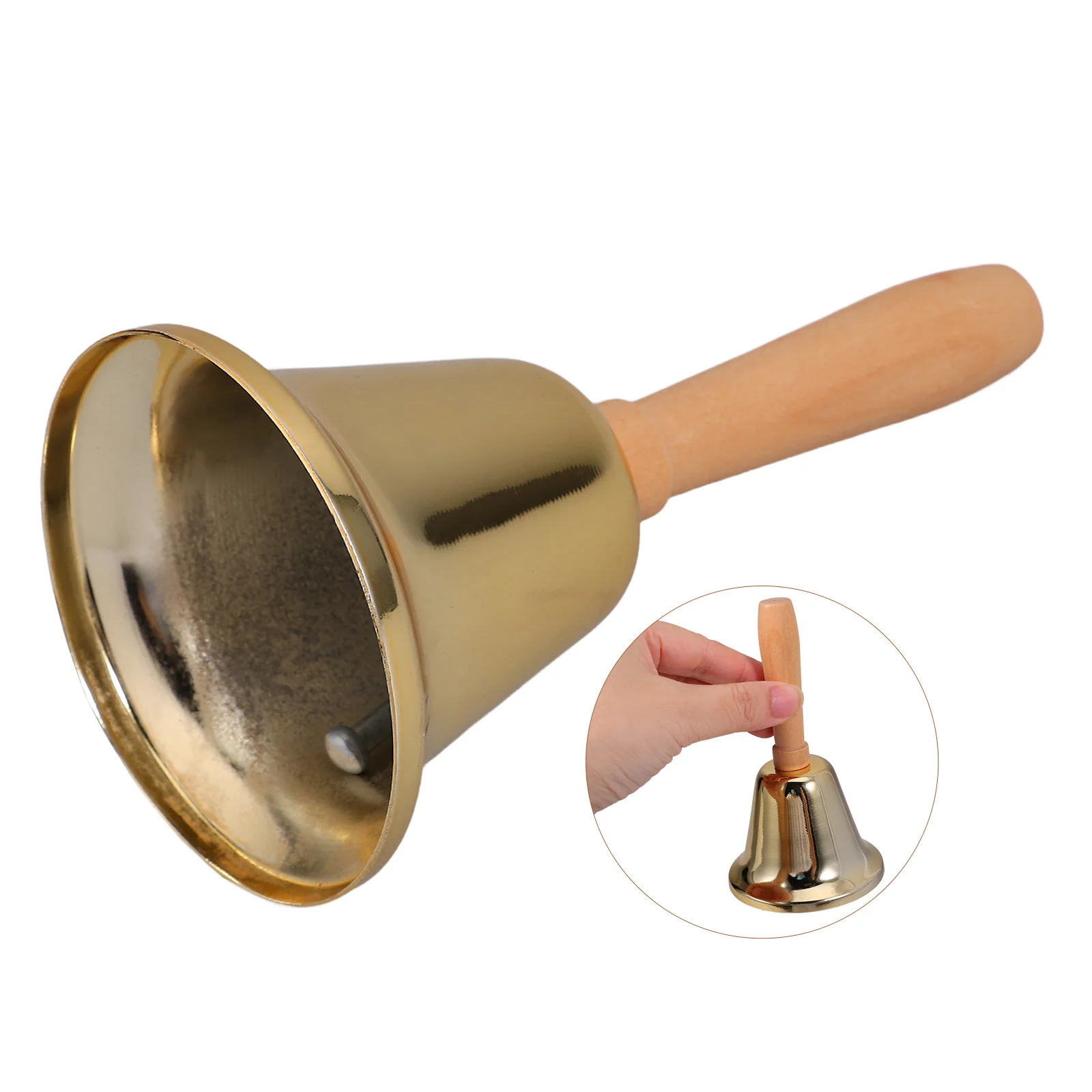 

Bell Wooden Handle Clear Loud Ring for Classroom Wedding Reception Desk Service Dinner Bell Lightweight Golden