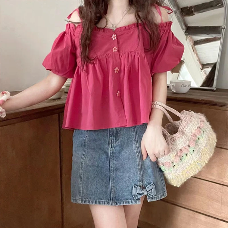 Blouse Women Summer Sweet Japanese Style Leisure Loose Simple Solid Design Puff Sleeve Tender Students Slash Neck All-match Cozy