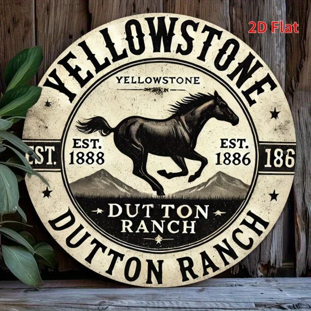2D Flat Print Yellowstone Park Ranch Metal Sign - 7.8x7.8 Inch Rustic Western Decor with Horse & Mountain Design
