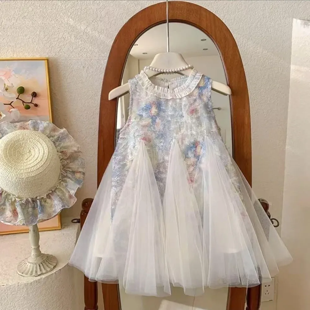 Summer New Girls Party Dresses Fashion Vacation Sleeveless Ruffled O-Neck A-Line Princess Dress 2-7 Years Birthday Kids Clothes