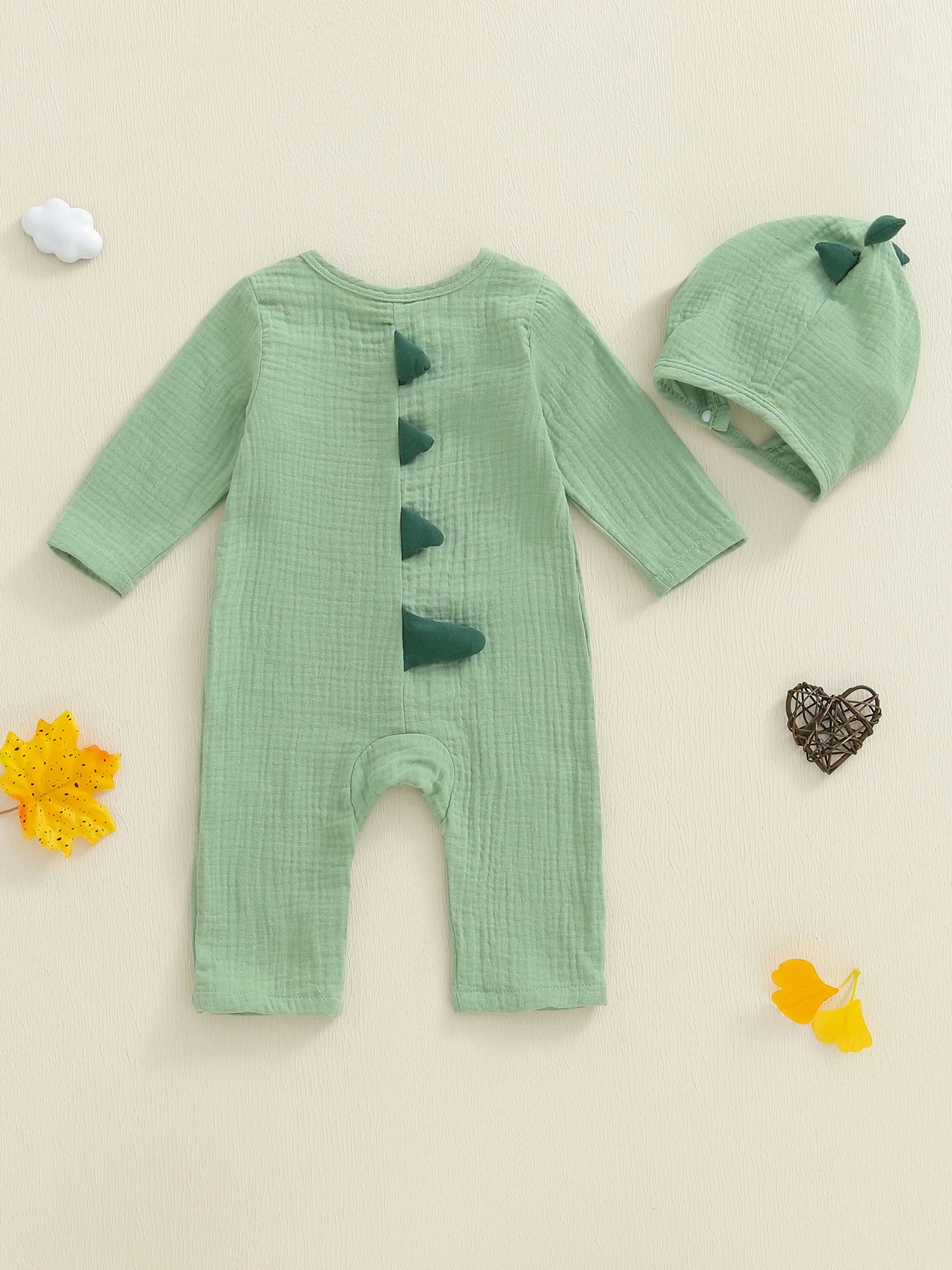 

Adorable Infant Unisex Romper Set with Cute Animal Print Round Neck Long Sleeves Button Closure and Matching Beanie Hat