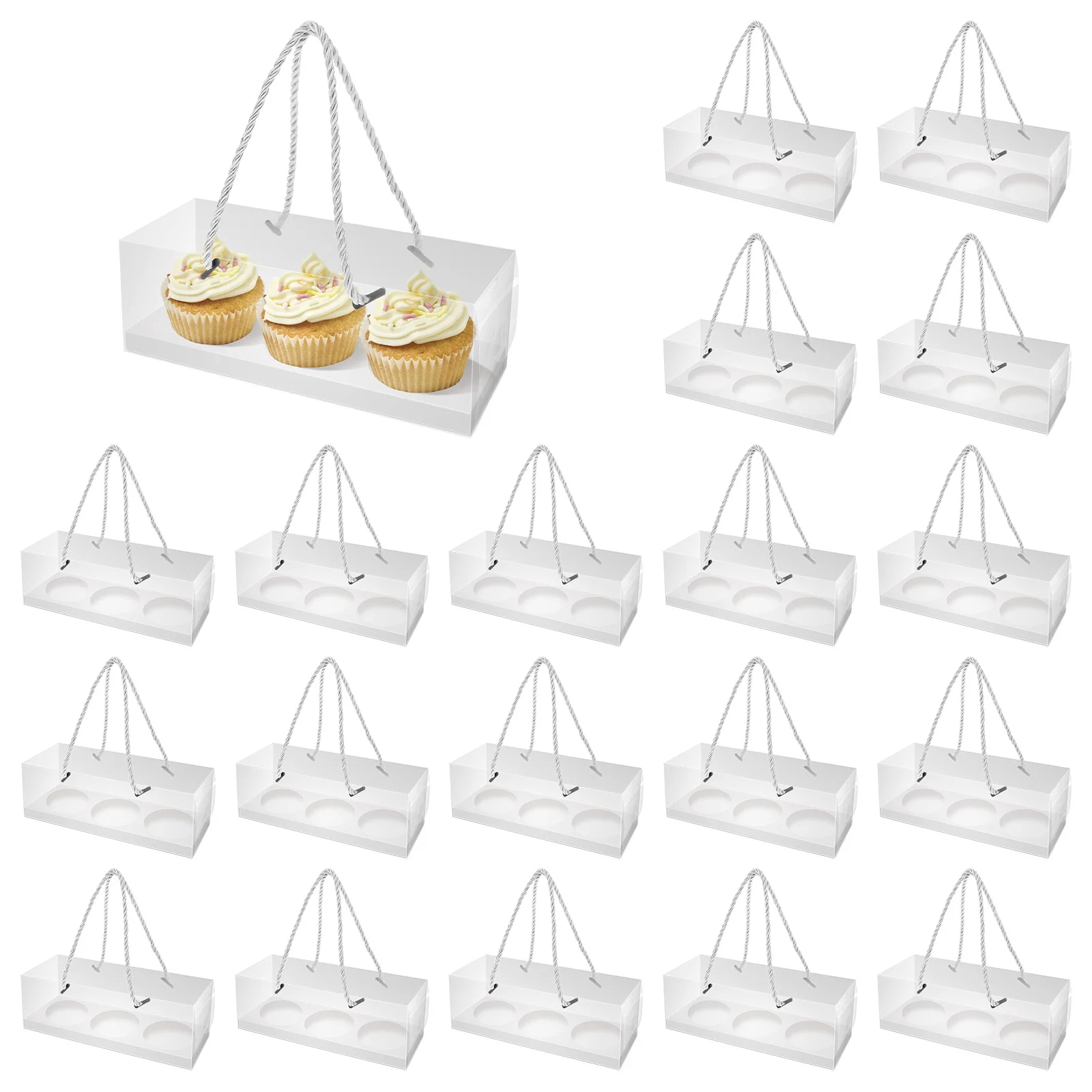 

20Pcs Individual 3 Hole Cupcake Baking Boxes with Handle Transparent Muffin Containers Wedding Party Bakery Dessert Package Box
