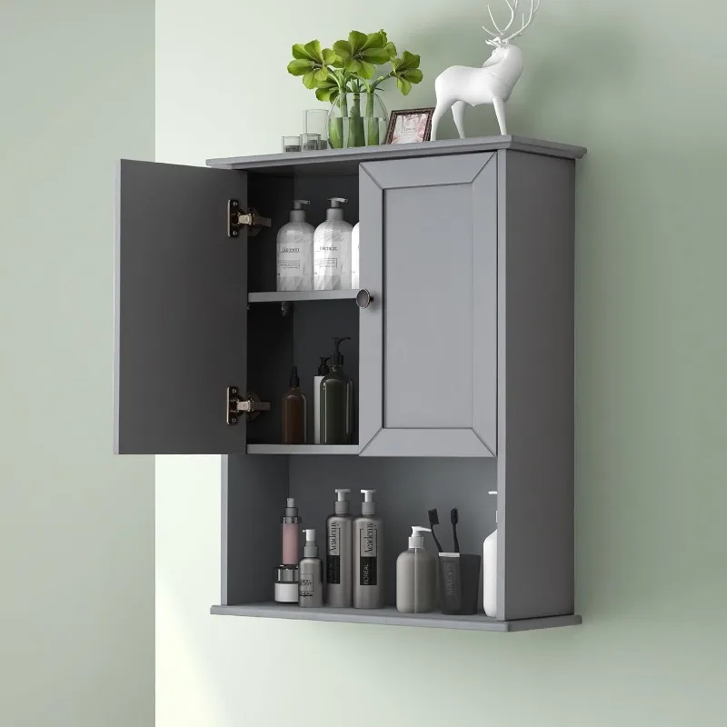 Grey Bathroom Cabinet Wall Mounted Wooden Medicine Wall Cabinet with 2 Door & Adjustable Shelf, Soft Hinge, Metal Handle，home.