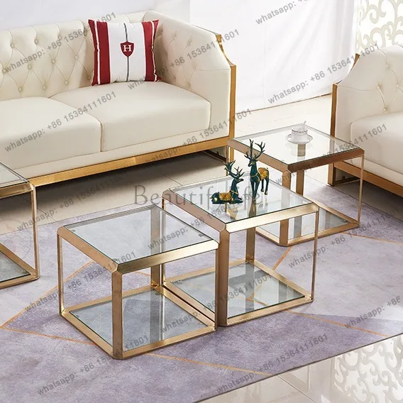 Tempered Glass Coffee Table Stainless Steel Square High and Low Combination Can Be Split Coffee Table Living  Advanced Sense