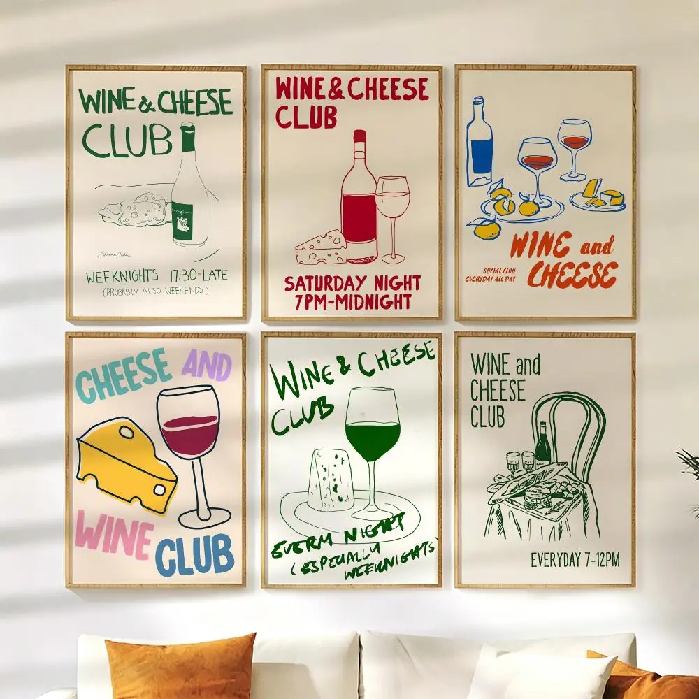 Wine And Cheese Club Art Print Poster Wall Stickers HD Painting Self Adhesive Art Decals for Bedroom Living Room Home Decor