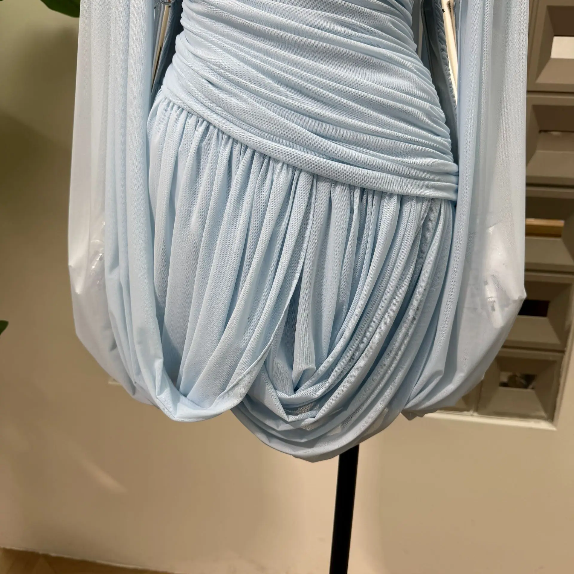 IEQJ Summer Irregular Blue Slash Neck Pleats Dress Women Long Sleeve Tight Waist Mini Dresses New 3A2052