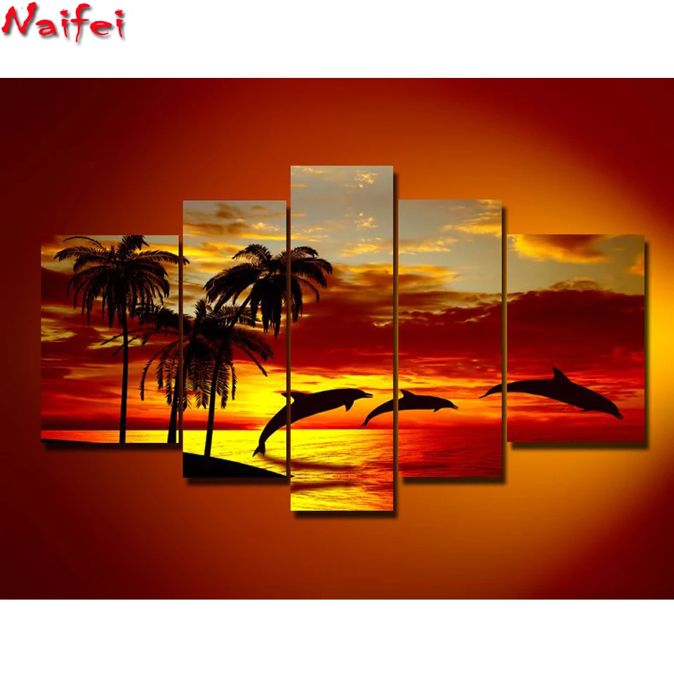 

5pcs Diamond Painting Full Drill Square Landscape 5D DIY Diamond Embroidery Seaside Sunset Picture Of Rhinestone Sunrise dolphin