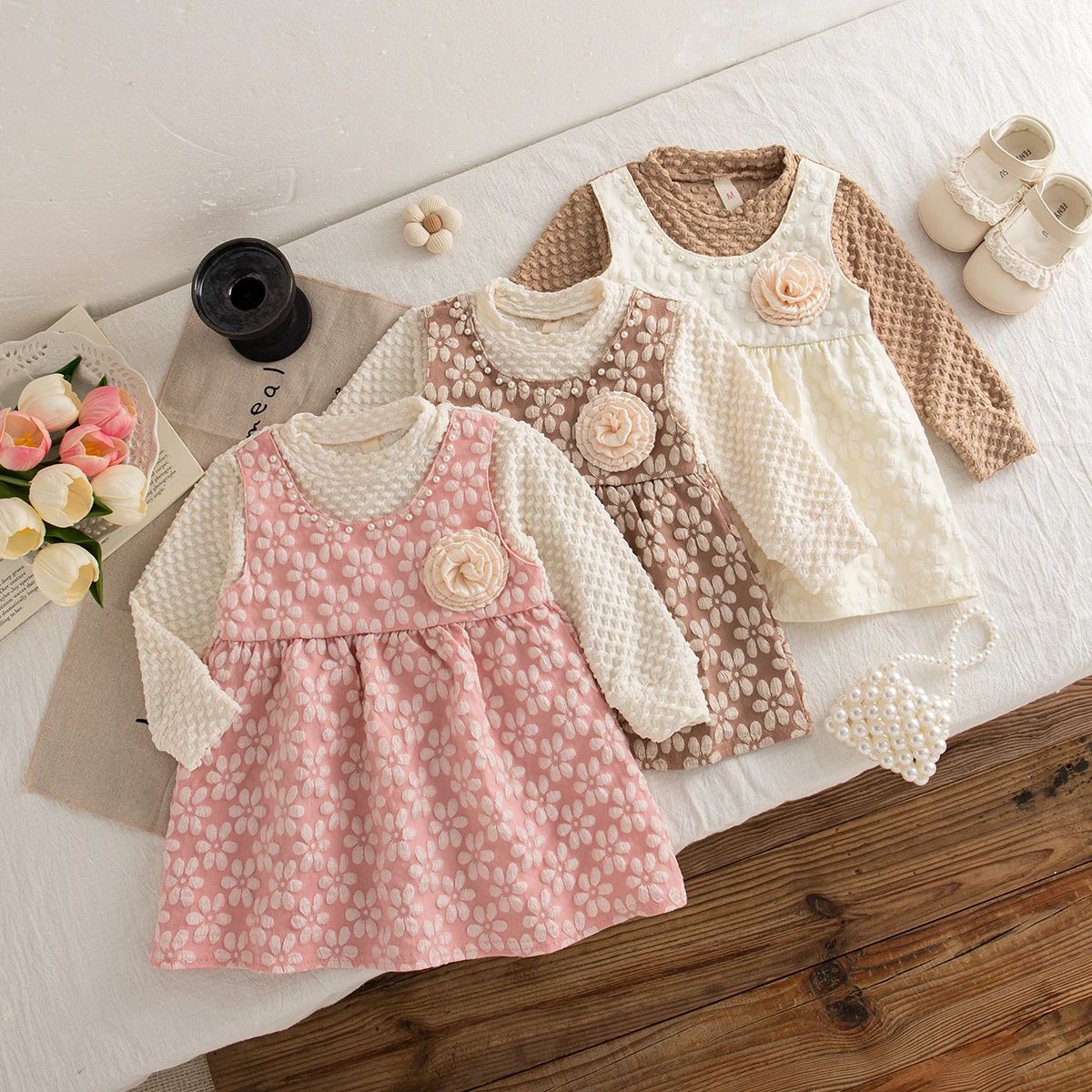 

New Spring And Autumn Baby Girl Dress Sweet Flower Long Sleeve Imitation Two Piece Children'S Clothing (6-24 Months)