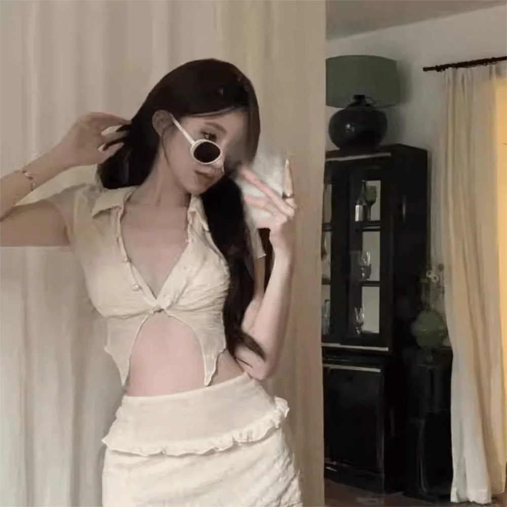 

Tummy Cover Short Sleeve Three-pieces Swimsuit Solid Push Up Cover-Ups Ruffle High Waist Bikini Set Summer