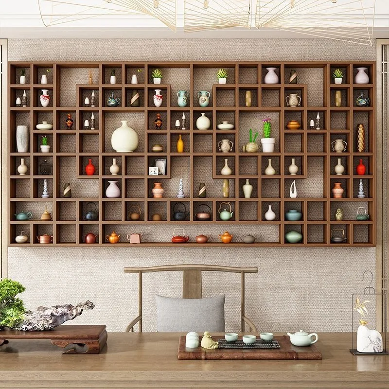 Solid wood multi-grid shelf Bogu shelf wall hanging Duobao Pavilion teacup display rack multi-grid teapot storage cabinet