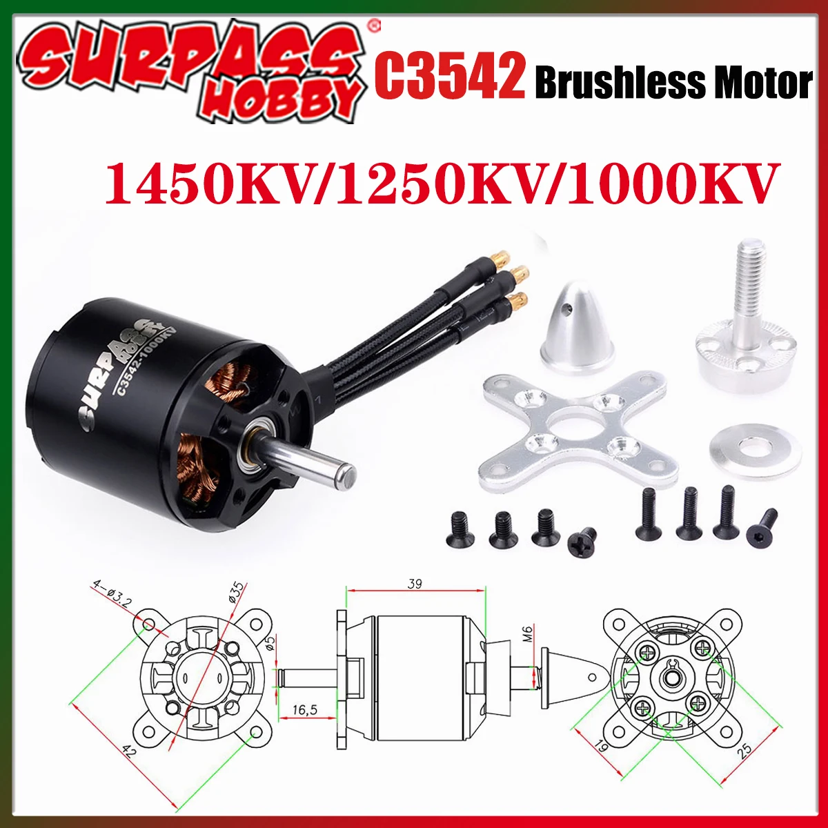 

SURPASS HOBBY C3542 1450KV 1250KV 1000KV Outrunner Brushless Motor for RC Aircraft Fixed-wing Drone Airplane Glider Model Parts