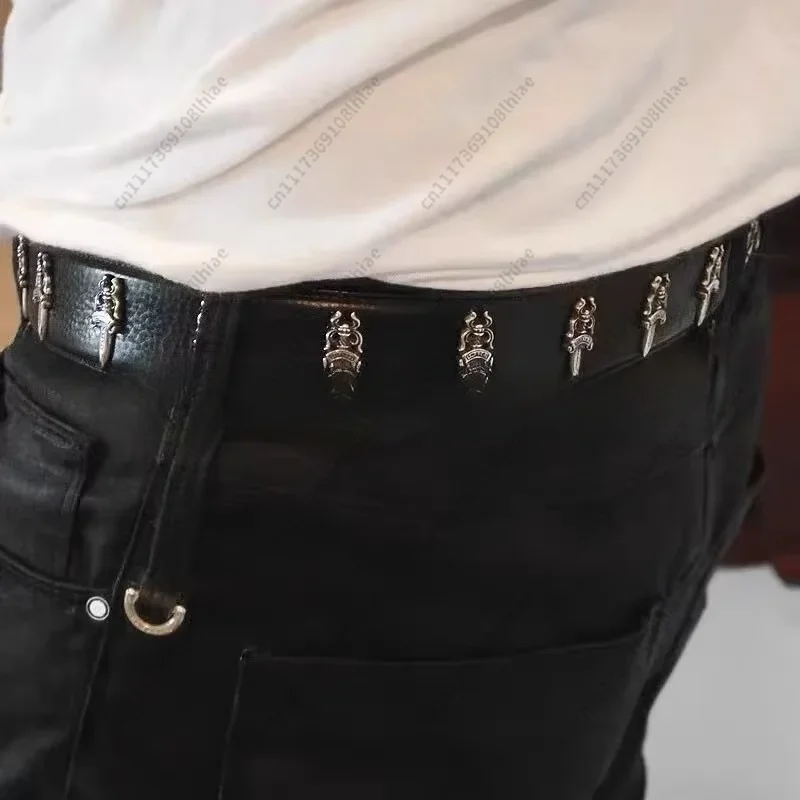 Engraved Roller Hollow Light Luxury Belt 925 Silver Classic Leather Totem Belt Pin Buckle