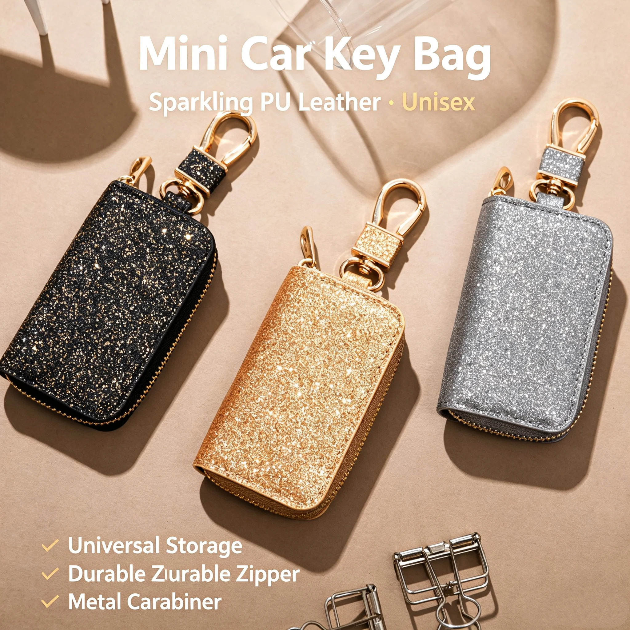 Car Key Case Universal Car Key Storage Bag, Creative Star Sparkling PU Leather Pendant Keychain with Zipper and Metal Carabiner