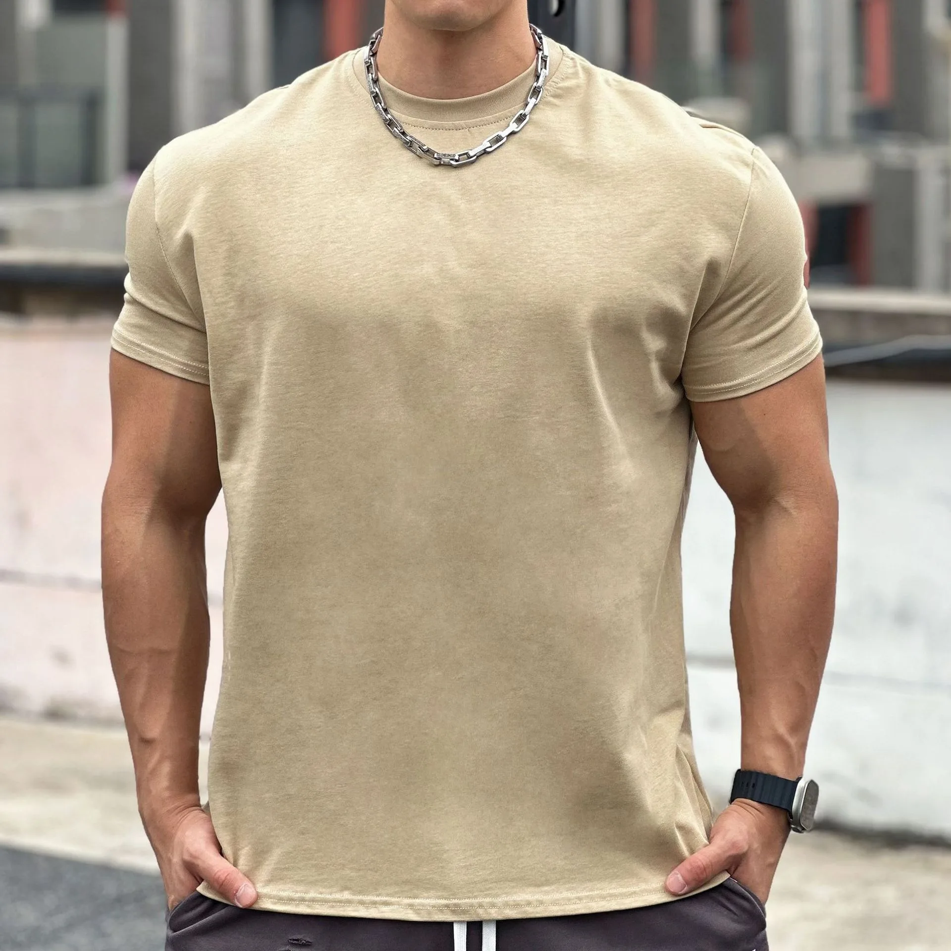 Gym Beige Muscle Sports Loose Cotton Fitness Short Sleeve Men's Basketball Autumn Running Training Elastic Sports T-Shirt