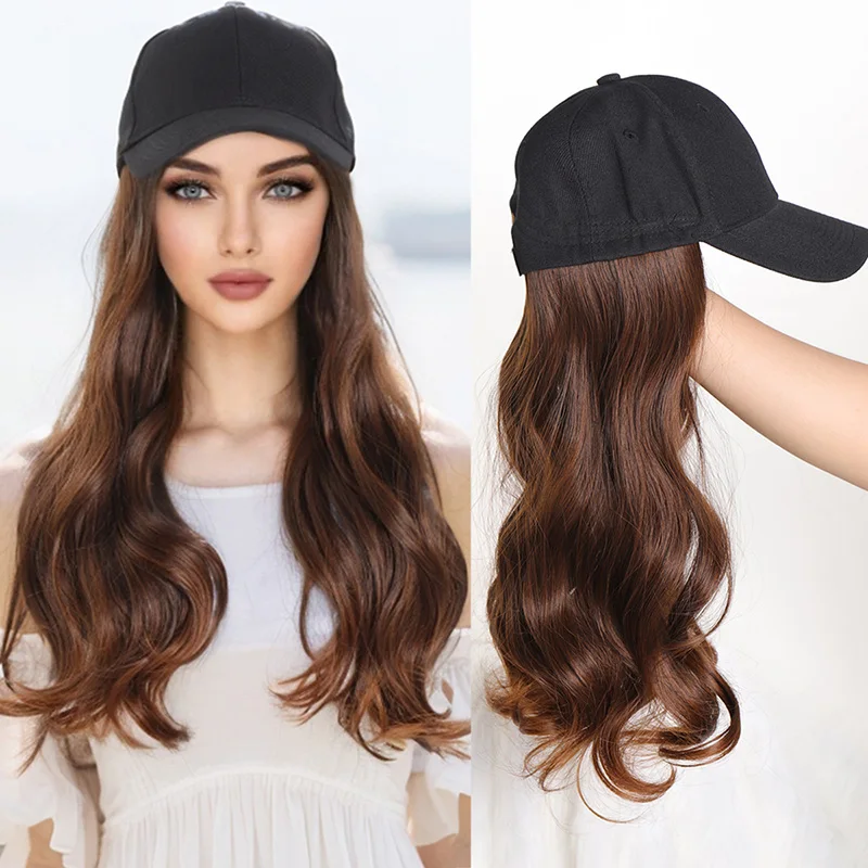 Long Wavy Synthetic Wig Baseball Cap with Hair extensions Hat Wigs Bone Natural Black Brown Blonde Connect Wig Adjustable