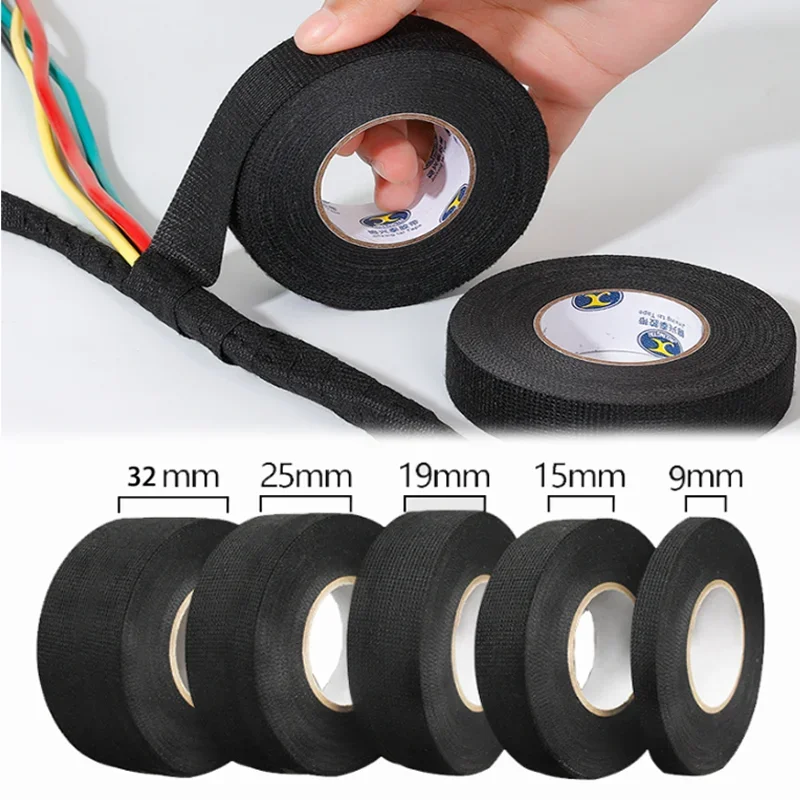 15M Heat-resistant Flame Tape Adhesive Cloth Fabric Tape Cable Looms Wiring Harness For Car Auto Black Wiring Harness Hardware