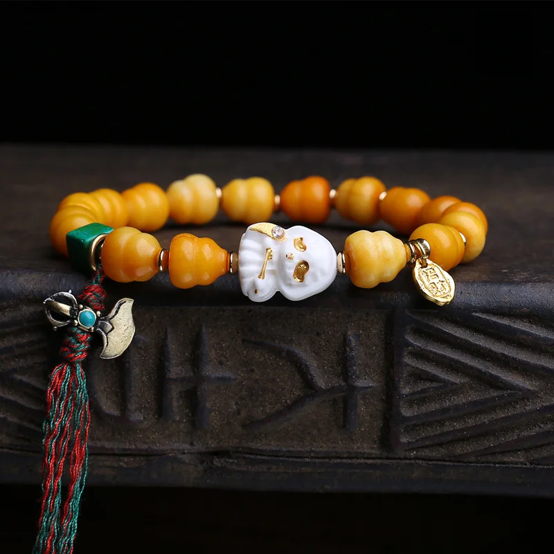 Single-Loop Copper-Inlaid Bead Bracelet With Natural Pearls, Sandalwood Tassels, And Side-Hanging Accessories