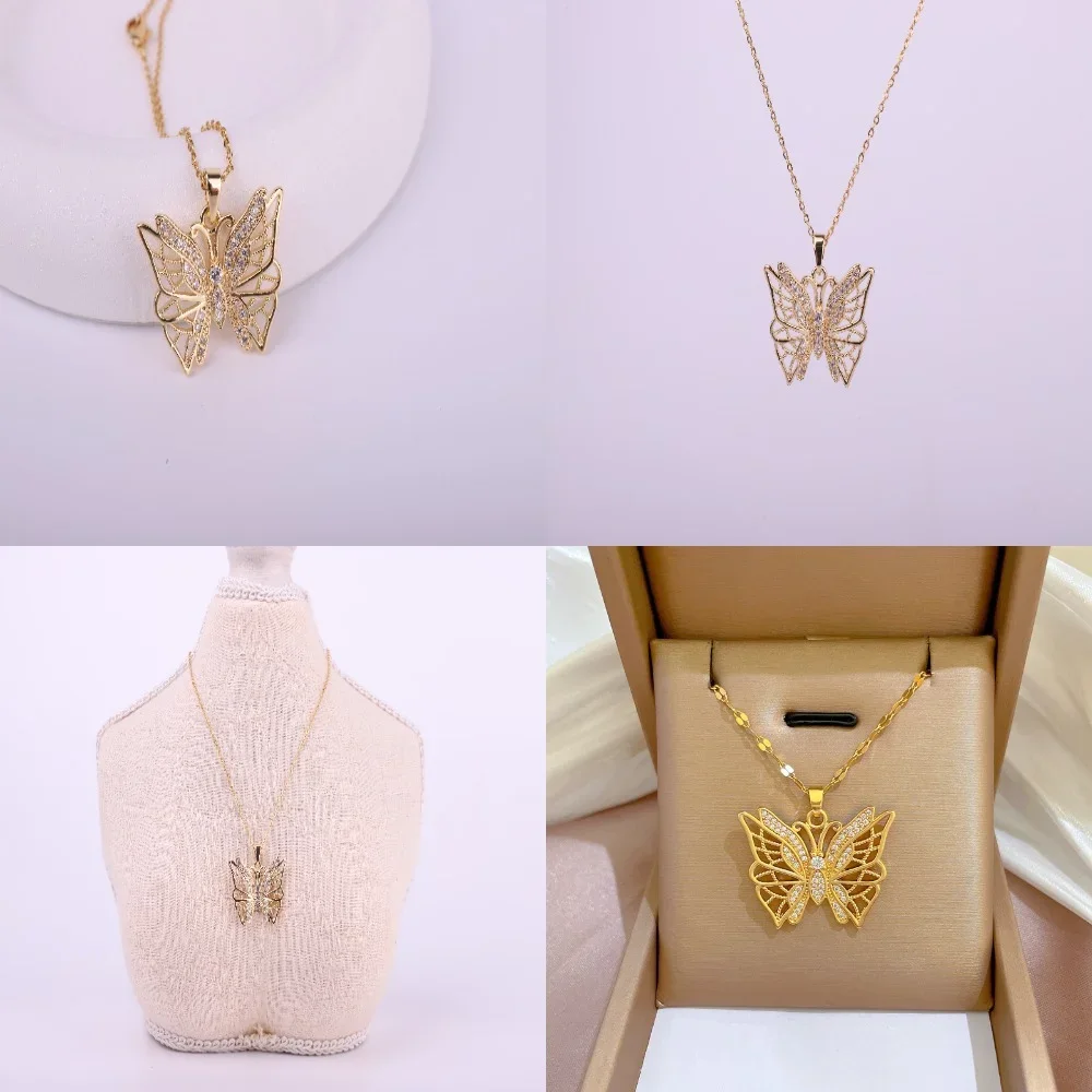 

【Titanium Steel】Heavy Duty Hollow Butterfly Micro-Inlaid Electroplated Necklace for Women, Lucky Bead Ins Influencer Collarb
