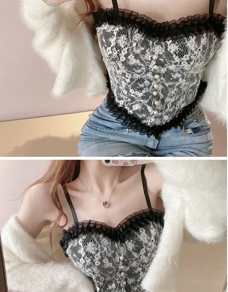 Summer Print Lace Crop Tops Women\'s Cropped Aesthetic Vest Y2K Corset Tank Top Camisole Vintage Tanks Camis Fashion Streetwear