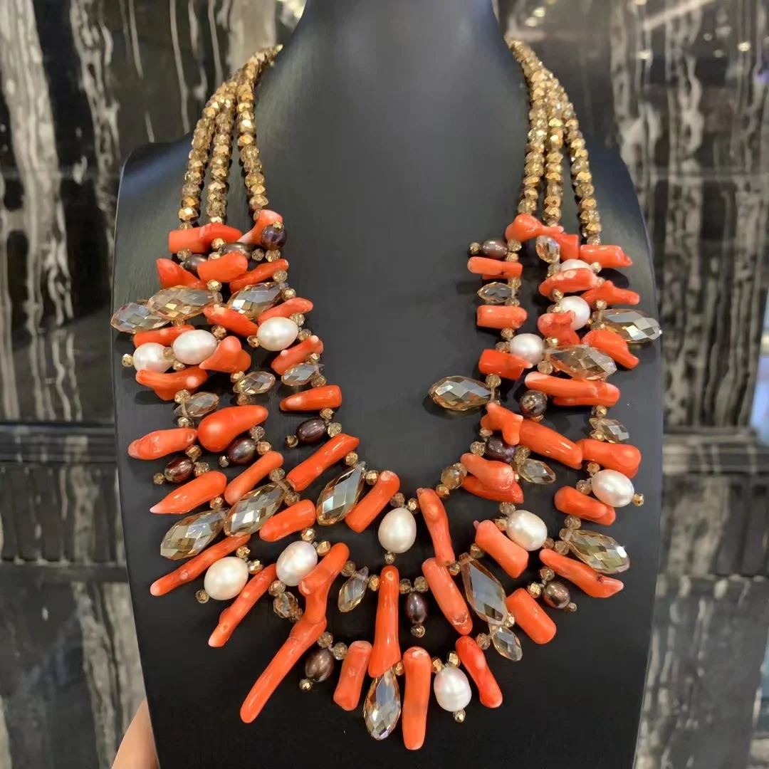 

orange color natural fresh water pearl and crystal mixed necklace multi layers fashion women jewelry 50CM only 1 piece