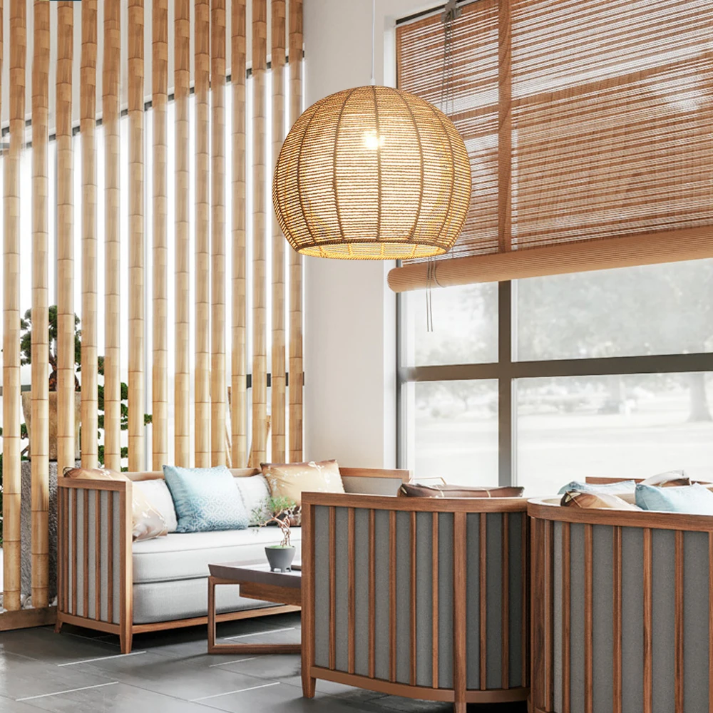 Lodge Wicker Rattan Cell Pendant Light Fixture Farmhouse Hanging Ceiling Lamp Not Including Bulbs