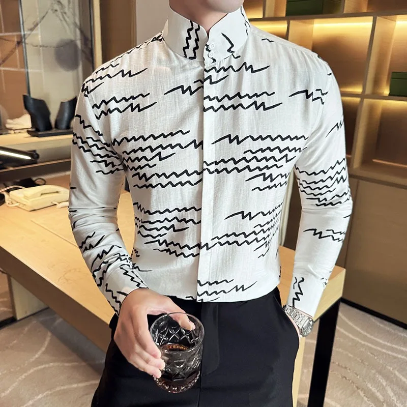 

Модная мужская рубашка с воротником-стойкой, весенне-осенняя повседневная деловая классическая рубашка с длинным рукавом, социальная офисная уличная мужская одежда