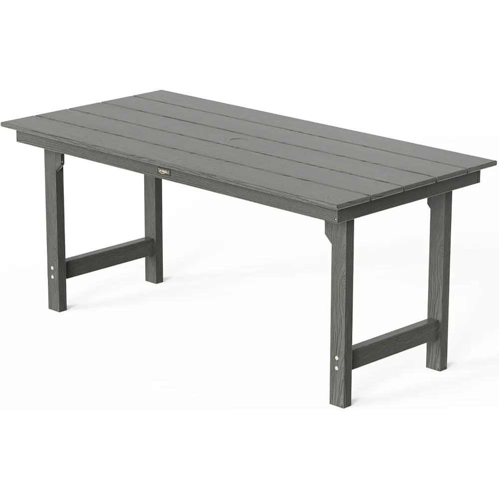 

6-Person Outdoor Dining Table, HDPE All-Weather Rectangle Patio Dining Table with Umbrella Hole, Outdoor Patio Table