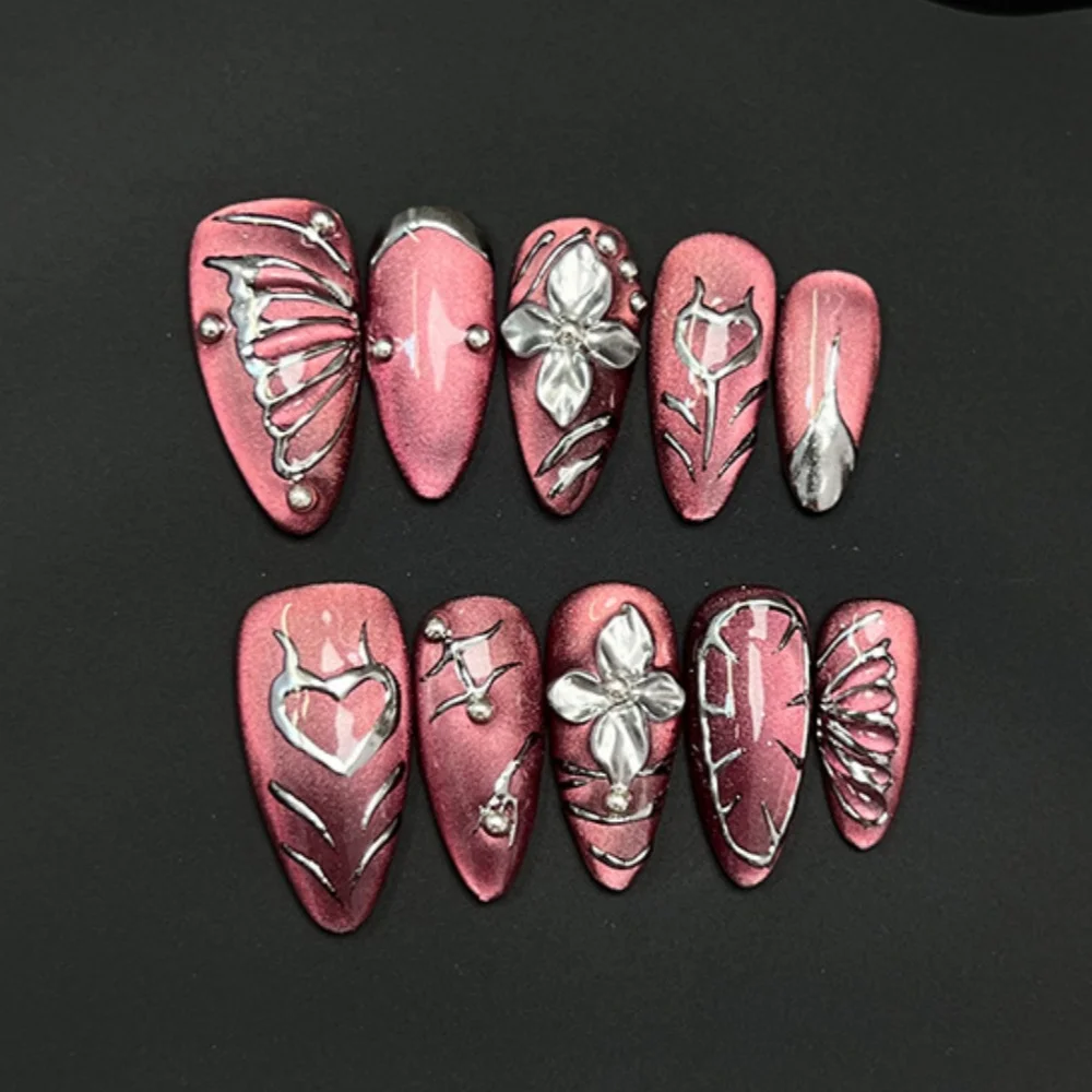 

10 шт. Набор накладных ногтей ручной работы, розовые, длинные, формы «миндаль», с цветами и бабочками, накладные ногти-такти, с серебряным дизайном, для маникюра