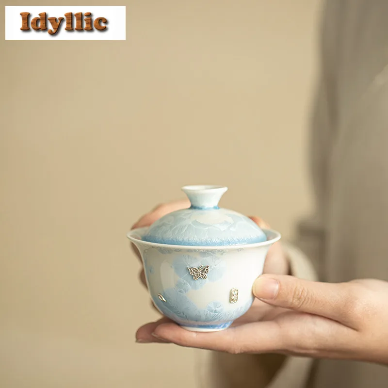 

100ml Kiln Fambe Crystal Glaze Silver Butterfly Gaiwan Retro Tea Tureen Tea Bowl With Lid Kit Tea Maker Cover Bowl For Tea Craft