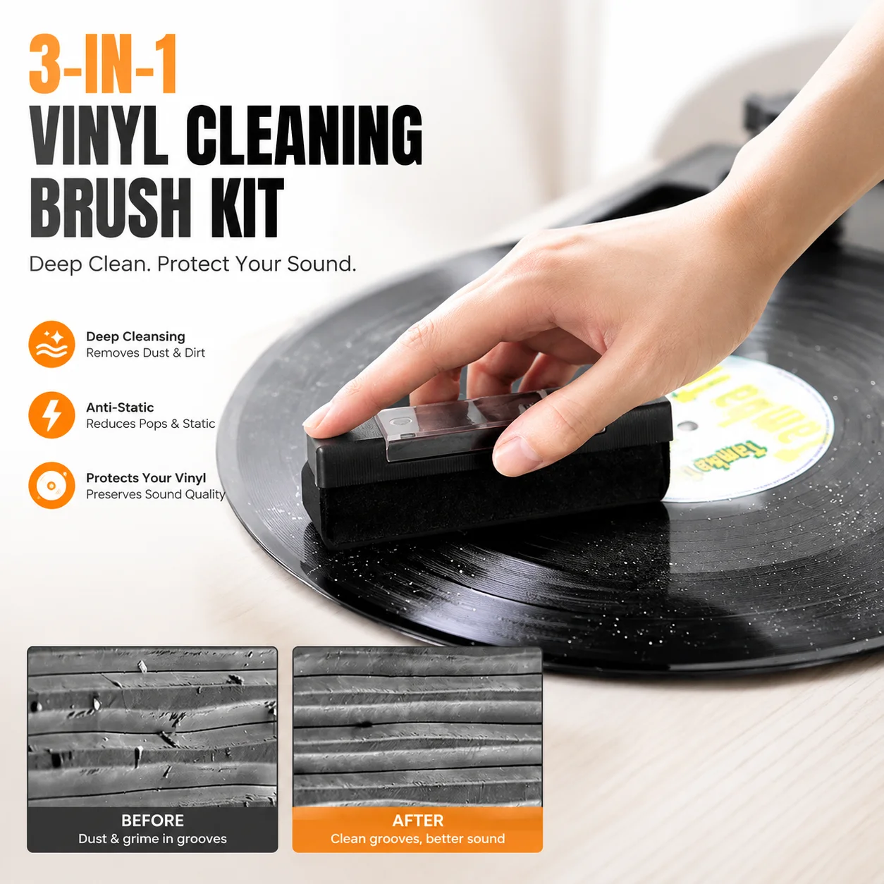 3-in-1 Vinyl Record Cleaning Brush Kit, Turntable Phonograph Needle Cleaner, Anti-Static Dust Remover for LP Record Player