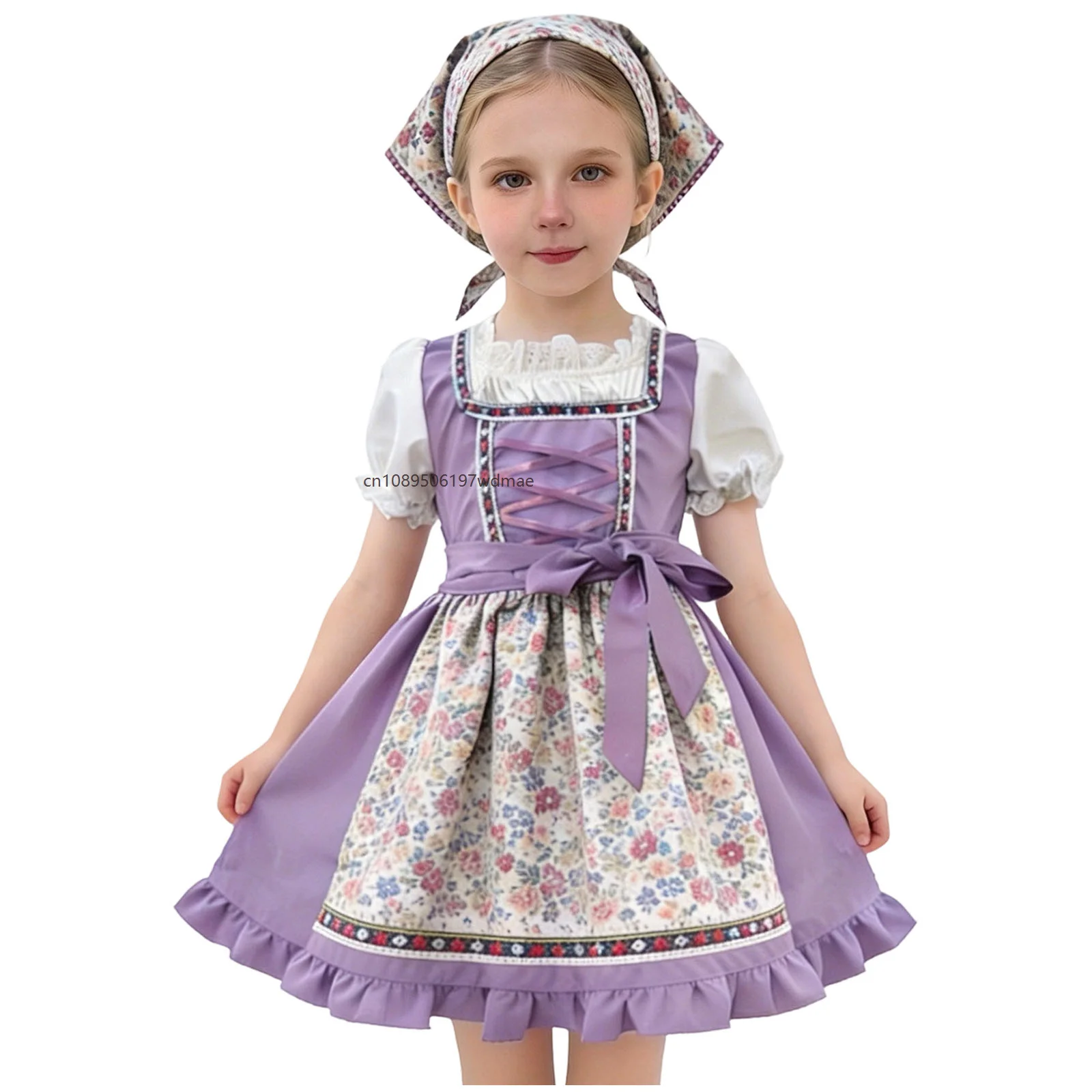 Bavarian Pastoral Style Folk Party Costume Floral Apron Clothes with Headscarf Princess Cosplay Stage Performance Outfits
