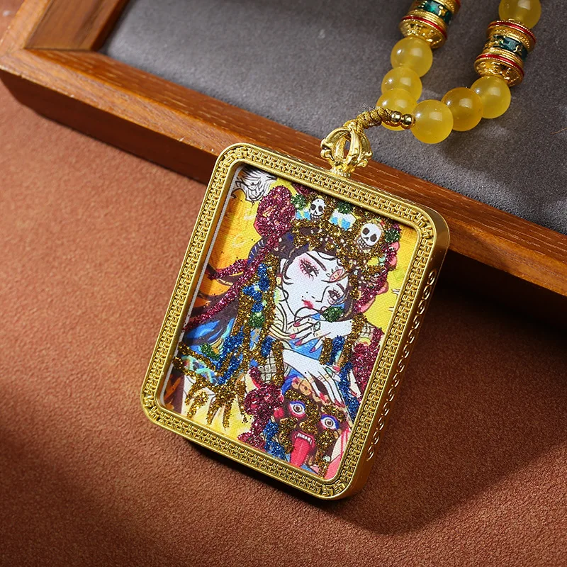 Tibetan cultural relic Zaki Ram Thangka hanging ornament, glass woven rope, ethnic style handmade Thangka pendant necklace