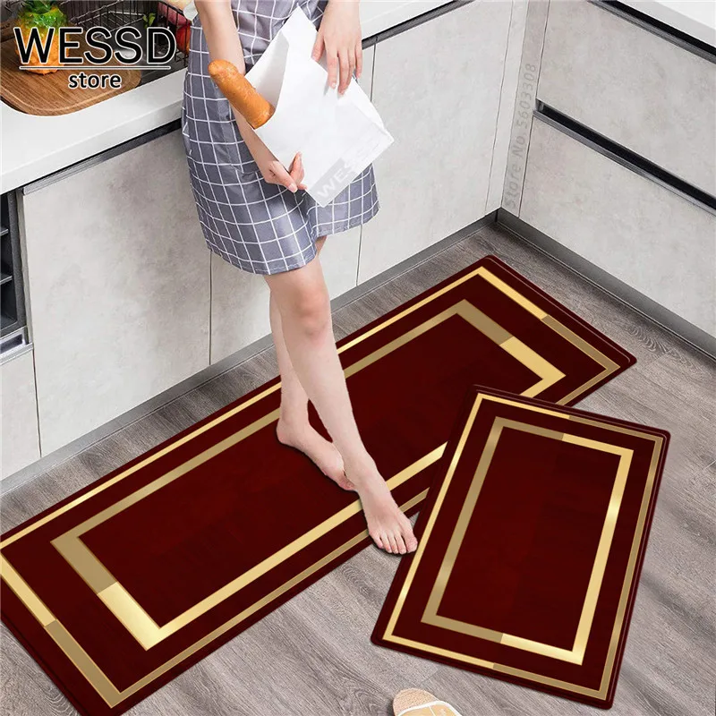 Green Kitchen Floor Mat With Geometric Borders Retro Simple Bedside Mat Soft Washable Kitchen Rug Set Toilet Floor Mat Long