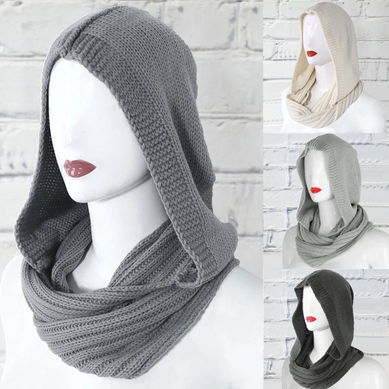 Women inter Crochet Knit Hood for Scarf Outdoor indproof arm Long Shawl Solid Color Earflap Hat Neck a