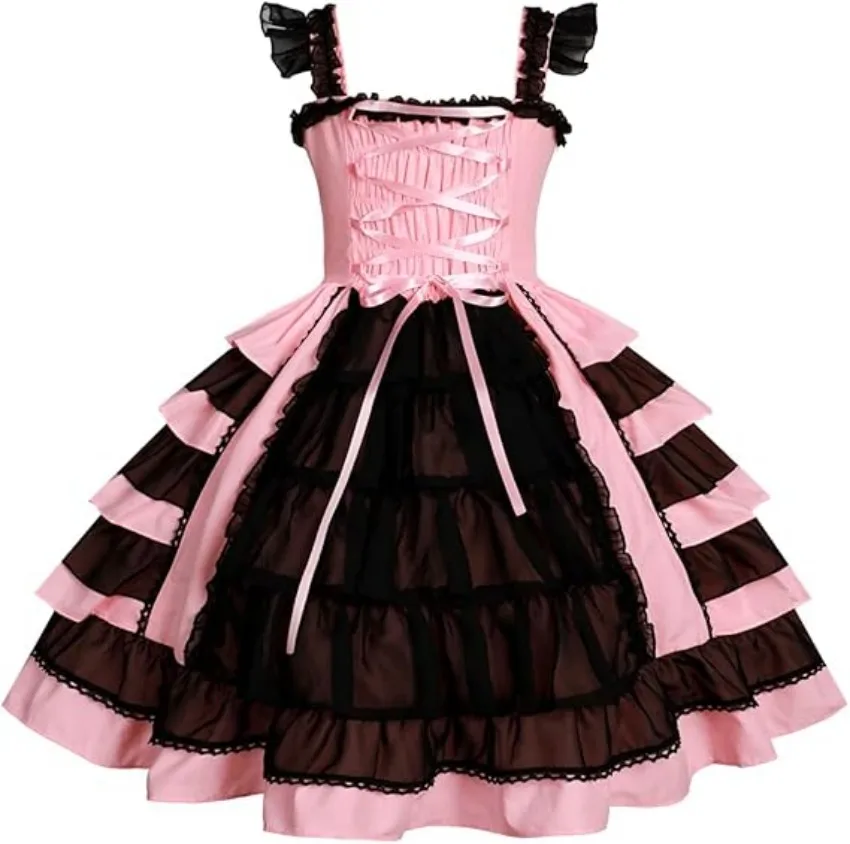 Cute and sexy sissy Lolita black pink multi-layer lace bow dress sleeveless princess dress cosplay customized