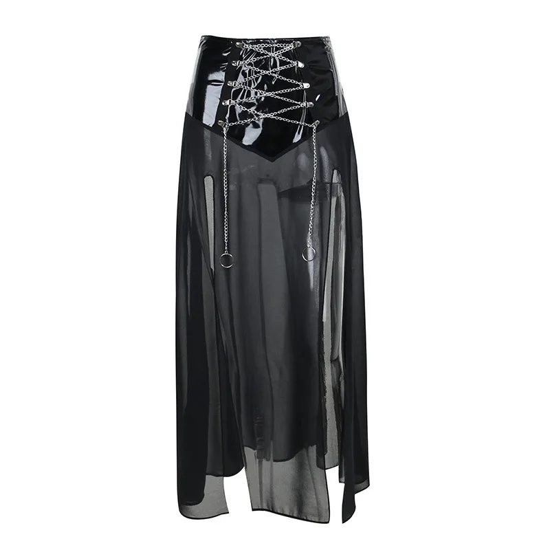 

Women Summer Skirts PU Stitching Chiffon Sexy Split Solid Color Skirt Casual Vestidos