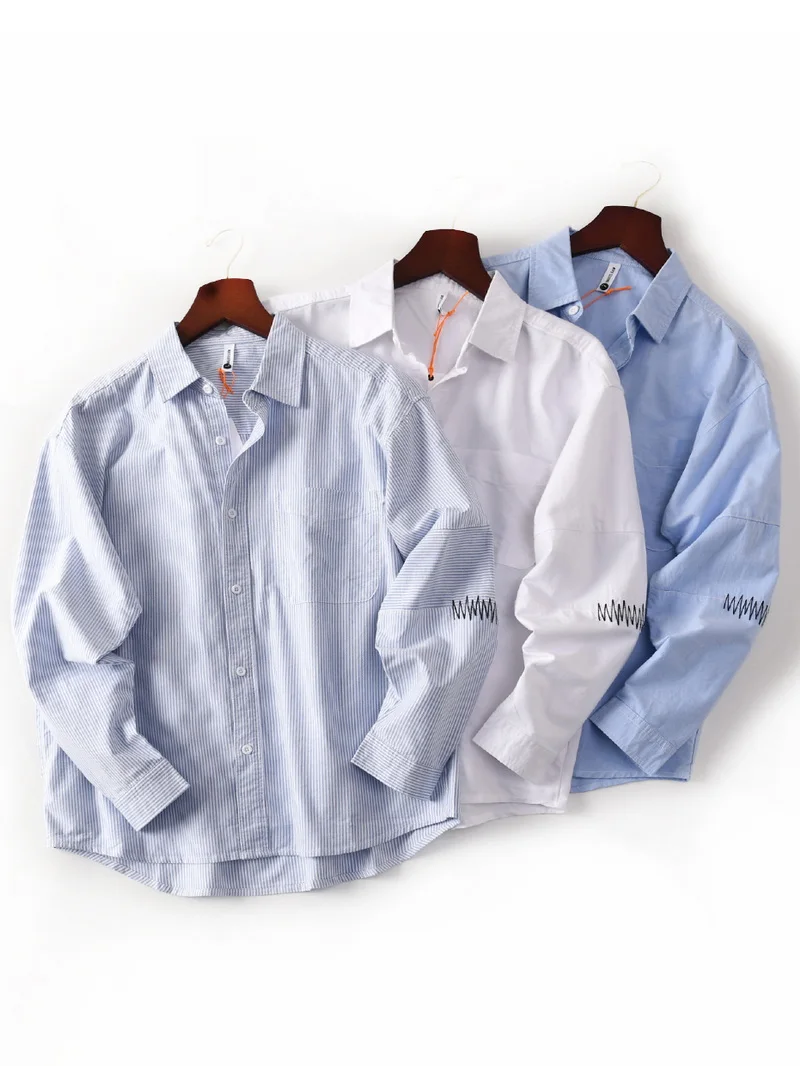 

Ins Trendy Brand Japanese Sle Loose oulder Long Sve Ox Cloth Embroidered Cotton Casual irt Men's Autumn Jaet