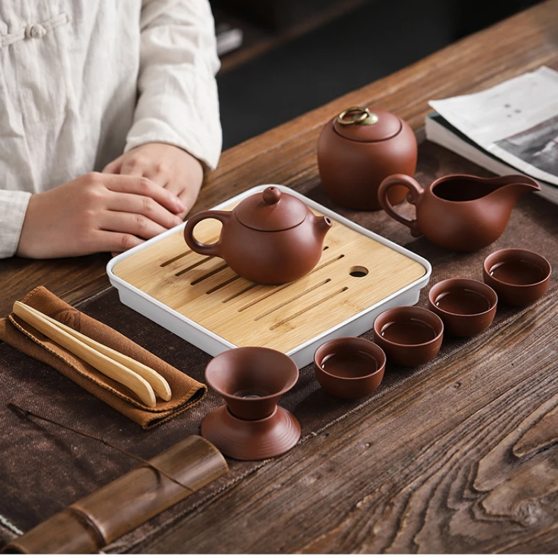 중국 차 세트 보라색 클레이 티팟 Gaiwan 휴대용 야외 여행 차 냄비 세트, 차 바다 다도 쿵푸 차 세트