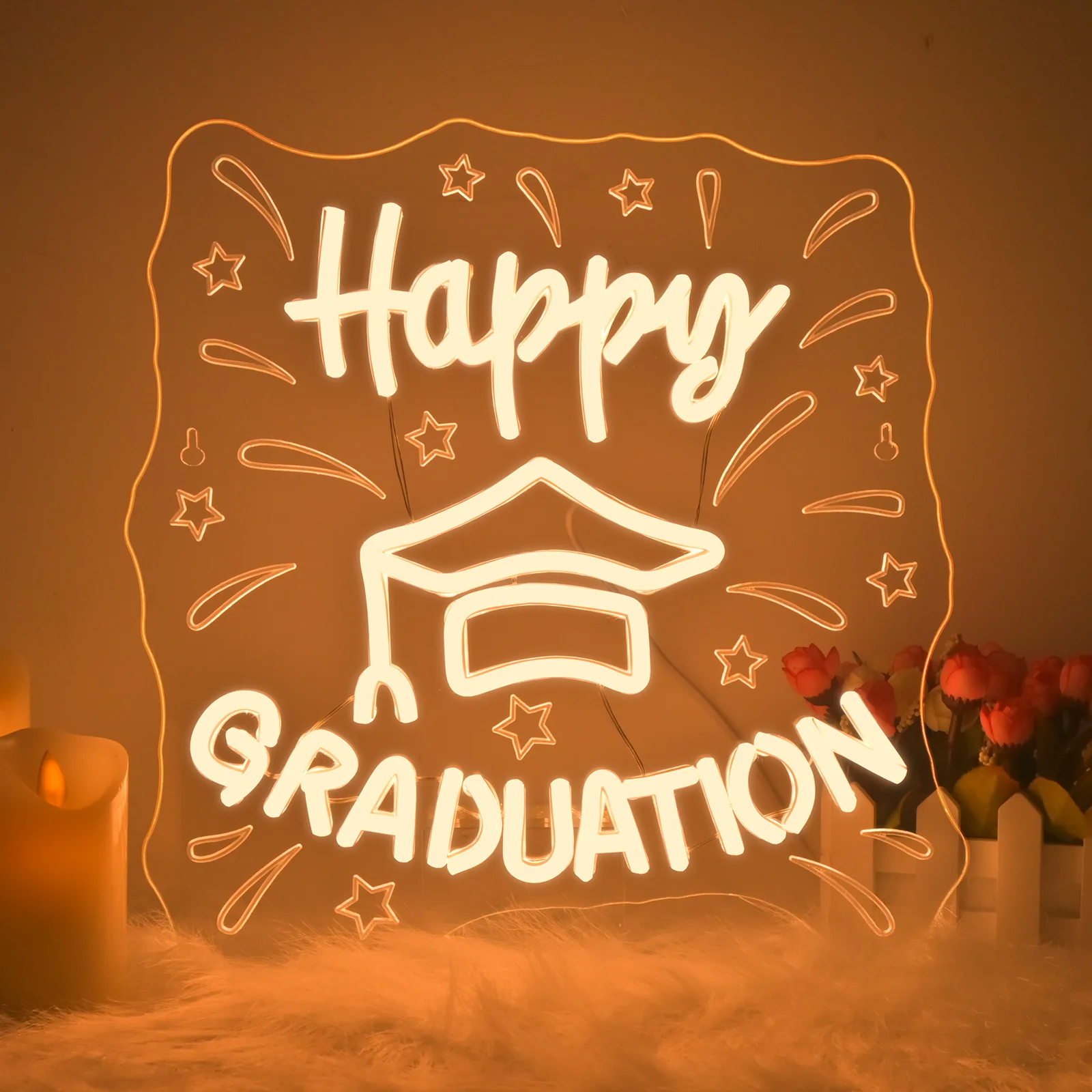 Happy Graduation Neon Sign Custom Grad Graduation Decor LED Warm White Letters Light Up Sign voor klasschool afstudeerfeest