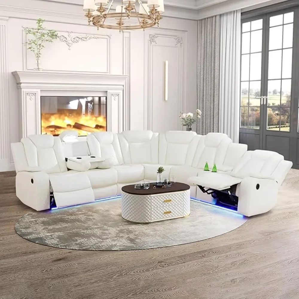 Recliner Sectional Sofa with LED Power Reclining Sectional Couch Breathing Leather Sofa Couch with USB Port & Cup Holder