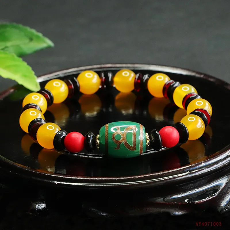 

Yellow chalcedony round bead bracelet, green God of Wealth dzi bead agate bracelet.