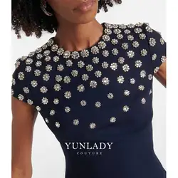 YUNLAN Luxury Dubai Rhinestone Beaded Navy Blue Ball Gown 2024 Elegant Wedding Guest Mother of the Bride Midi Party Evening Gown