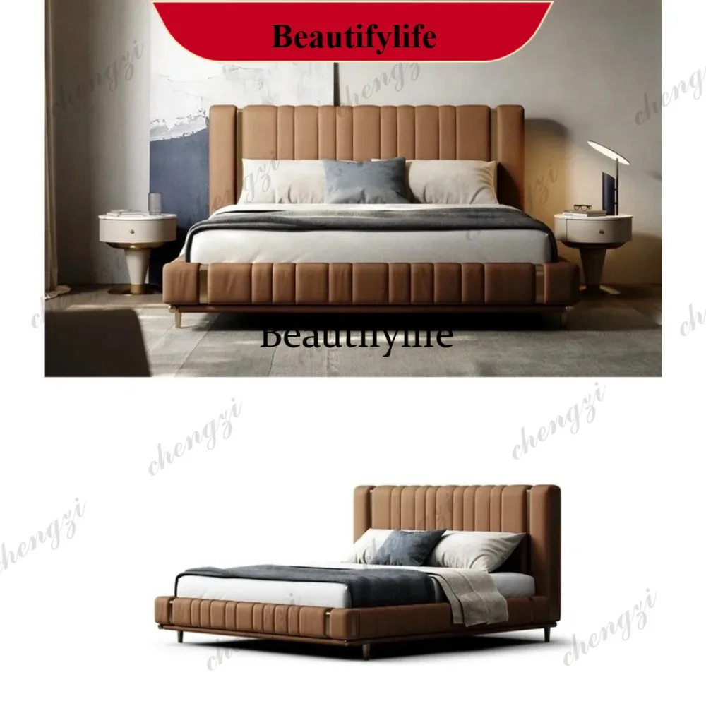 D178 leather bed modern simple large flat bed master bedroom designer high backrest soft package stainless steel double bed