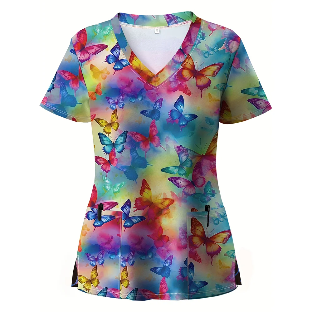 Women's Hospital Uniform Elegant Butterfly Print Obstetrics Nursing Tops V-Neck Micro-Stretch Short-Sleeved Tees Medical Clothes